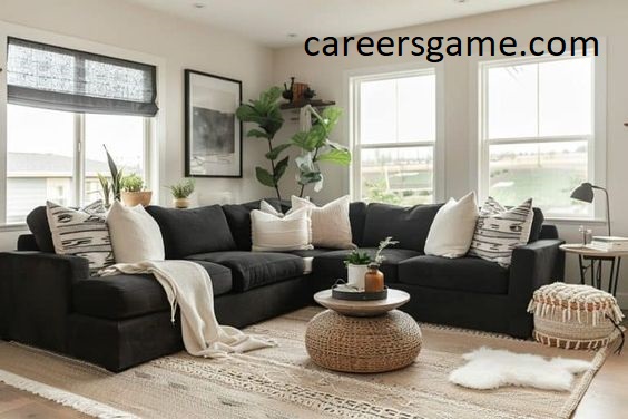 The living room is often the heart of a home, a space where you relax, entertain guests, and spend quality "living room with black couch"